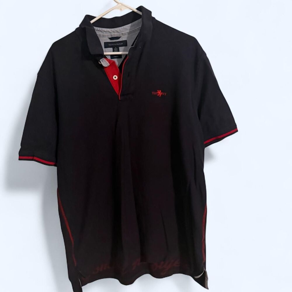 Tommy Hilfiger Polo Mens XL Navy Red Crest Logo Trim Fit Pique Short Sleeve